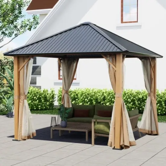Aoodor Wood Grain Aluminum Gazebo Hardtop Black Steel Roof with Curtain&Netting image {5}