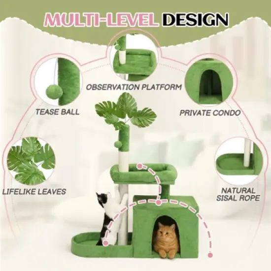 Karl Home 36 inch  Green Cat Tree with Leaves Multi-level Cat Tower with Scratching Post Condo image {3}