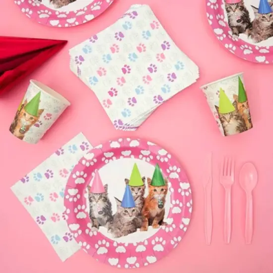 Juvale 144-Pieces of Kitten Party Supplies with Cat Birthday Paper Plates, Napkins, Cups, and Cutlery, Serves 24 image {2}