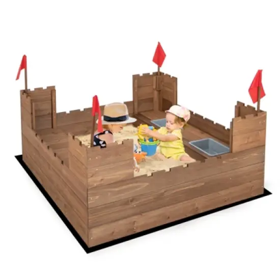 Costway Solid Wood Kids Sandbox w/ 2 Bench Seats, Outdoor Sandpit w/ Storage Box & Flags image {9}