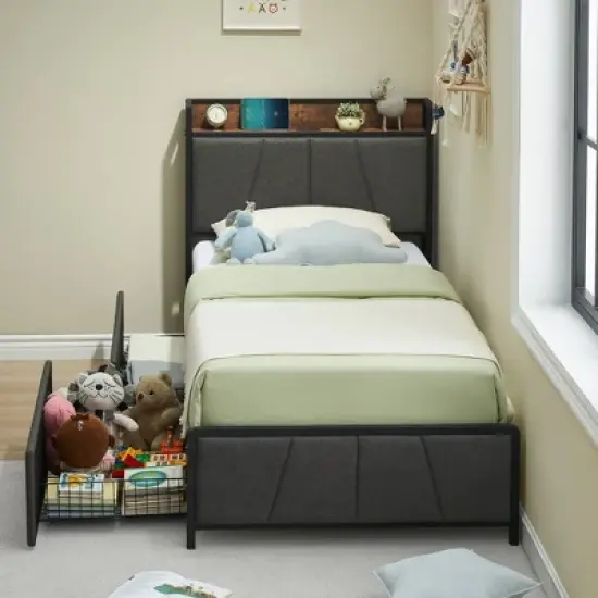 WhizMax Twin Size Bed Frame with 2 Storage Drawers and Charging Station, Rustic Linen Upholstered Platform Bedframe with Storage Headboard image {3}