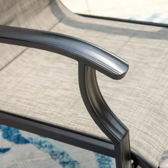 Captiva Designs 7pc Black Slatted Round Steel Table with Umbrella Hole & Grayish Brown Textilene Chairs image {10}