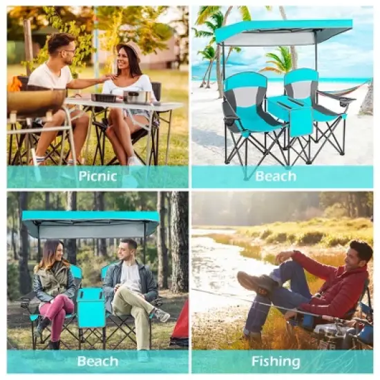 Costway Portable Folding Camping Canopy Chairs w/ Cup Holder Cooler Outdoor Turquoise image {8}