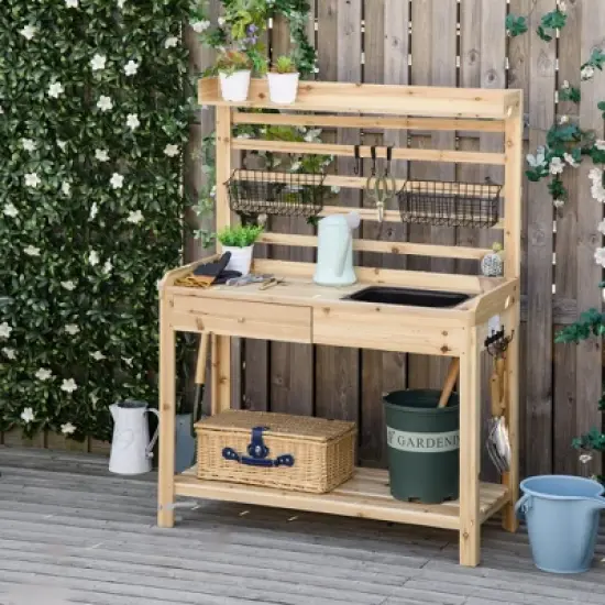 NicBex Potting Bench Table with Metal Sieve Screen, Removable Sink, Additional Hooks and Baskets for Patio, Balcony, Natural image {5}