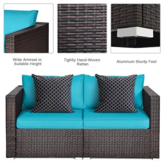 Tangkula 4PCS Rattan Corner Sofa Set Patio Outdoor Furniture Set w/ Blue Cushions image {7}