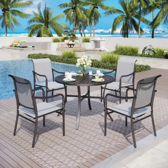 Captiva Designs 5pc Patio Dining Steel Dining Table with Umbrella Hole & Gray Textilene Arm Chairs image {14}