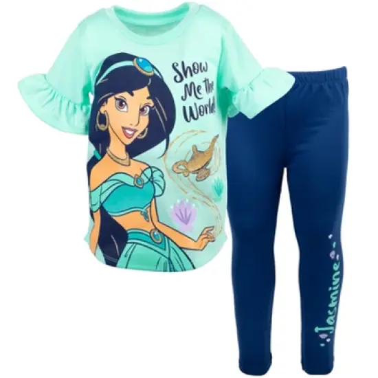 Disney Princess Moana Frozen Little Mermaid Rapunzel Jasmine Belle Girls T-Shirt and Leggings Outfit Set Toddler to Big Kid image {8}