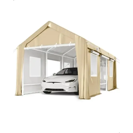 10'x20' Heavy Duty Wind-Resistant Carport, Reinforced Portable Garage Shelter with 180g PE Canopy and Dual Doors, All-Weather Protection for Trucks image {8}