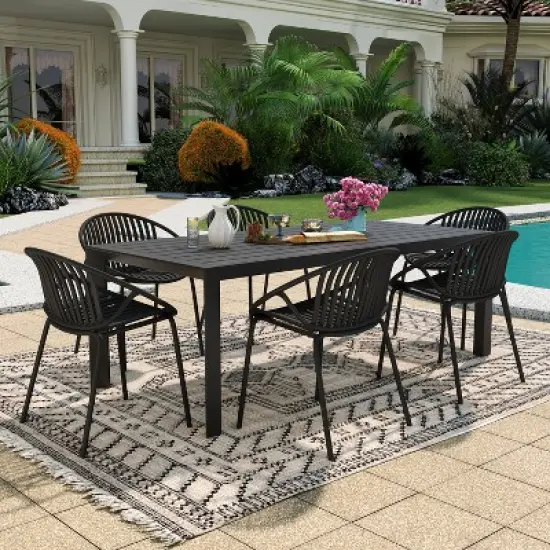 Christopher Knight Home Paddy 7 Pieces Outdoor Modern Metal and Polypropylene Dining Set with Stackable Chair image {1}