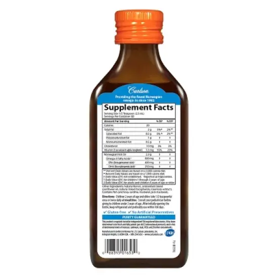 Carlson - Kid's The Very Finest Fish Oil, 800 mg Omega-3s, Norwegian, Wild Caught, Sustainably Sourced, Orange image {1}