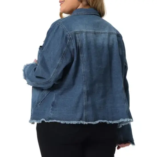 Agnes Orinda Women's Plus Size Button Up Frayed Hem Long Sleeve Casual Jean Jacket image {3}