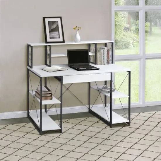 PAGED Gaming Desk with Metal Sled Base, Modern Home Office Desk with Open Shelves for Living Room image {7}