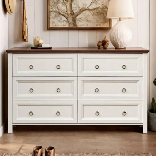 Resenkos Farmhouse 6 Drawers Dresser for Bedroom, Wood Vintage Wide Storage Dressers Organizer, Antique White image {8}
