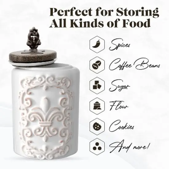 American Atelier Food Storage Ceramic Canister Jar, Fleur De Lis Embossed Design & Airtight Stainless-Steel Lid For Sugar, Flour & More, White image {3}