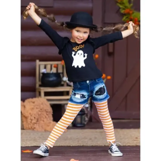 Girls All Boo'd Up Top, Patched Denim Shorts, & Legging Set - Mia Belle Girls image {3}