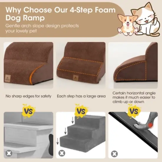 4 Tiers Foam Dog Ramps/Steps Non-Slip Dog Steps for Beds Or Couches with Brush Coffee/Gry image {7}