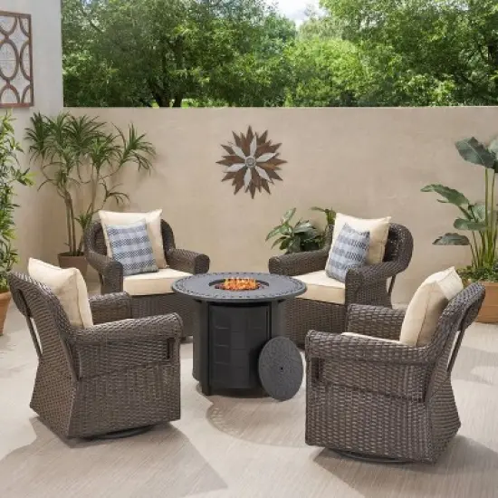 Amaya 5pc Outdoor 4 Wicker Swivel Chair & Fire Pit Set - Dark Brown/Beige/Matte Black - Christopher Knight Home image {1}