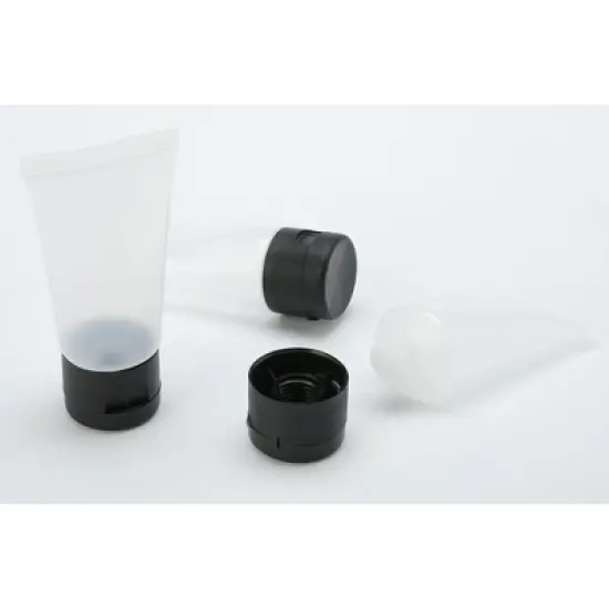 TravelWell 50 Pcs Clear Plastic Empty Bottles with Black Flip Cap, 30ml, Includes 2 Injector Syringes, Refillable Hand Cream Tubes image {1}
