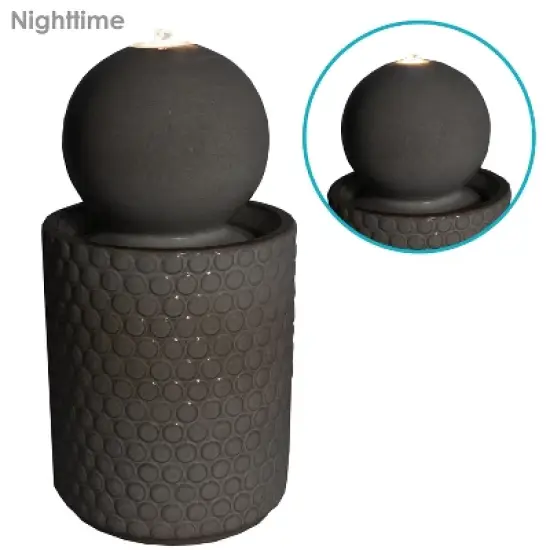 Sunnydaze Modern Orb on Circle-Pattern Base Ceramic Outdoor Fountain with LED Lights, Gray image {2}
