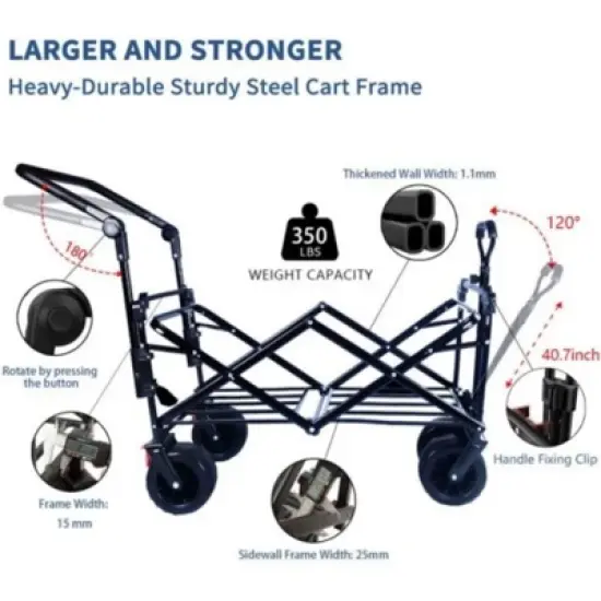 FURNIinspire Outdoor Serving Carts Collapsible Wagon Foldable with Removable Canopy Wheels for All-Terrain Brake for Camping, Blue, 35.4"*19.7"*44.5" image {4}