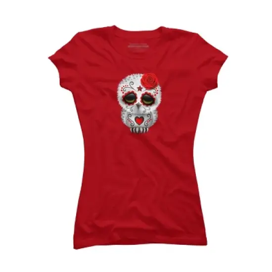 Junior's Design By Humans Cute Red Day of the Dead Sugar Skull Owl By jeffbartels T-Shirt image {7}