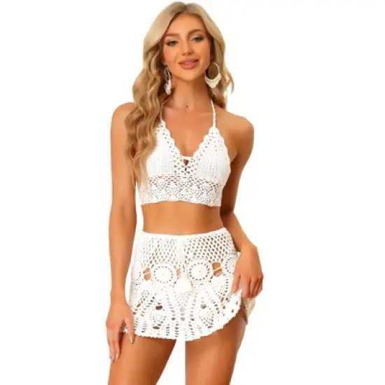 Allegra K Women's Hollow Out Cami Top Mini Skirt Summer Beach Crochet Knit Bikini Sets 2 Pcs image {11}