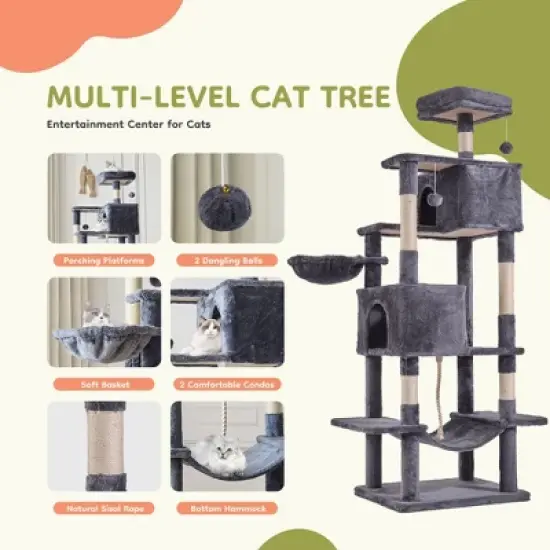 JIONJOY 66" Multi-Level Cat Tree - 2 Large Condos, Sisal Scratching Posts & Hammock, Stable Indoor Cat Tower-Dark Grey image {5}