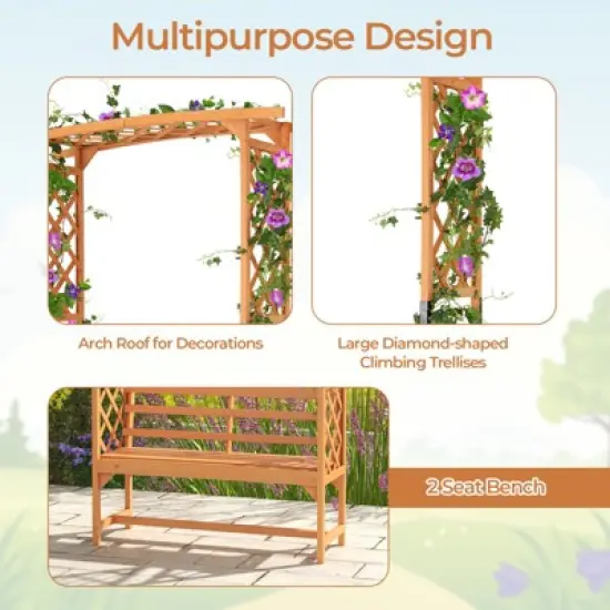 Tangkula Patio Arbor Garden Archway w/ Pergola Bench & Side Trellises for Climbing Plants Vines Grapes 2-Seat Wooden Outdoor Bench Backyard Decoration image {3}