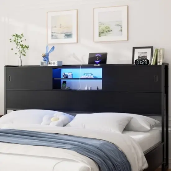Aheaplus King Headboard with Storage Cabinet, Headboard with Sliding Doors, Charging Station image {3}