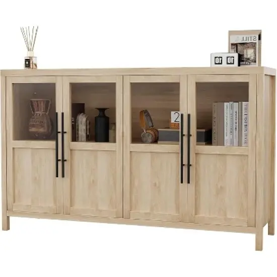 55'' Large Sideboard Buffet Cabinet, Glass Door Kitchen Storage Cabinet, Wooden Farmhouse Coffee Bar Cabinet, Buffet Table with Storage image {10}