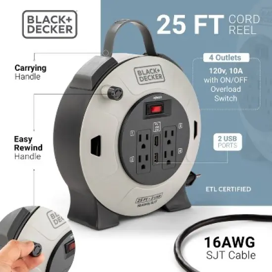 BLACK+DECKER 25' Cord Reel 16AWG 4 Outlets + 2 USB image {2}