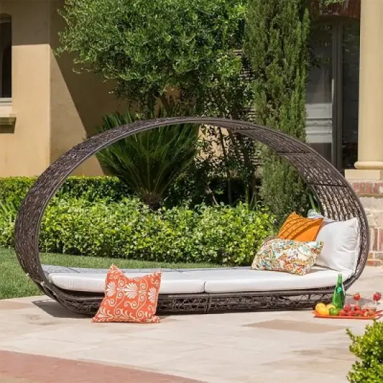 Curved Rattan Daybed with Cushions and Canopy, 2-Person Patio Lounger with Metal Frame, Outdoor Lounge Seating for Garden or Pool-The Pop Home image {7}