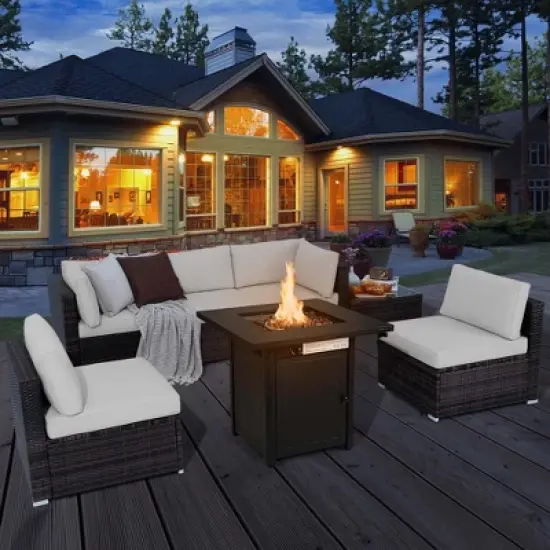 Costway 7 PCS Patio Furniture Set with 28" 50000 BTU Propane Gas Fire Pit Table Cushions Red/Turquoise/Off White image {10}