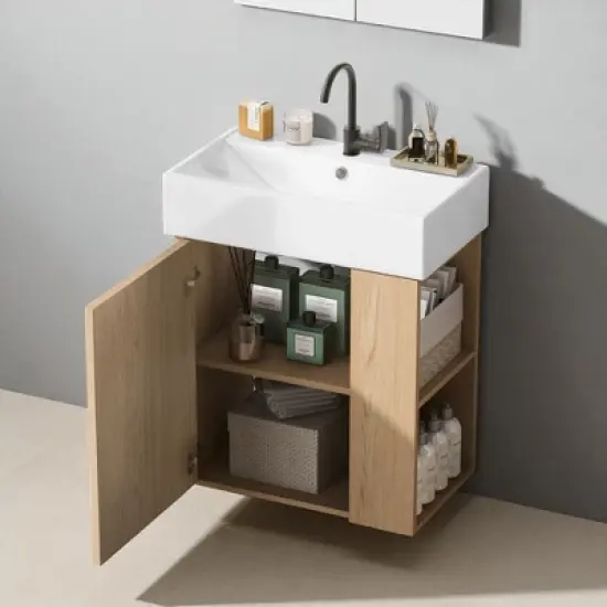 21.6" Floating Bathroom Vanity with Right Side Open Shelves, Wall-Mounted Cabinet with Ceramic Sink, Soft-Close Door image {15}