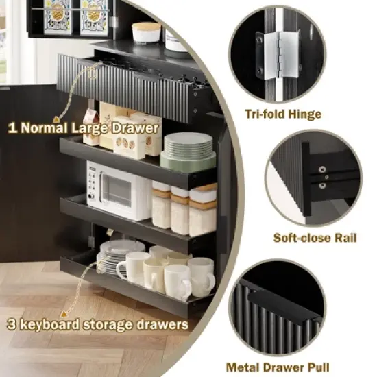 Gulches 72" Parisian Elegance Fluted Kitchen Pantry Cabinet - 3 Keyboard Drawers, 6 Door Shelves (1 Adjustable), Freestanding Storage, Black image {8}