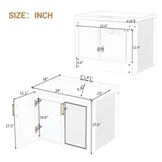 24" Wall Mounted Bathroom Vanity with Porcelain Sink and Two Shuttered Doors, White - ModernLuxe image {2}