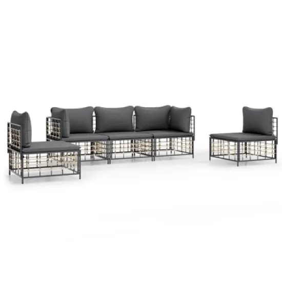 vidaXL - Patio Furniture Set 5 Piece - Poly Rattan Modular Garden Lounge with Cushions - Anthracite/Dark Gray image {8}
