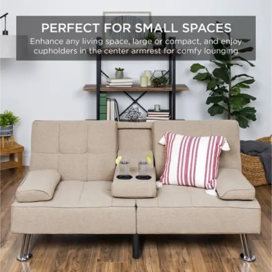 Best Choice Products Modern Linen Convertible Futon Sofa Bed w/ Removable Armrests, Metal Legs, Cupholders image {5}