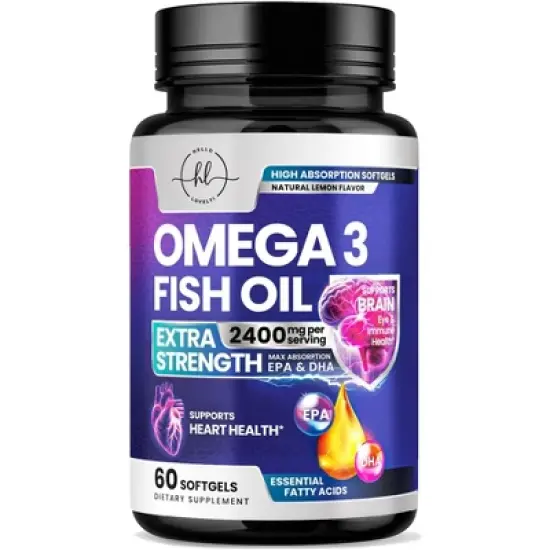 Omega 3 Fish Oil Triple Strength 2400 mg Softgels, Omega-3 Supplements, Natural Heart Health Brain & Joint Support - 60 Softgels By Hello Lovely! image {9}