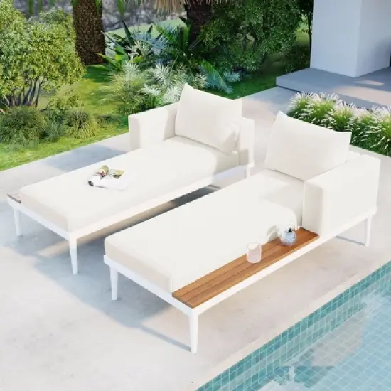 2PC Outdoor Daybed Set, Metal Frame with Acacia Wood Side Tables, Cushioned Patio Lounge Sofa for Garden or Poolside - Coolbibila image {7}