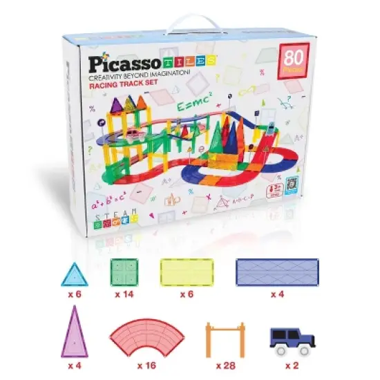 PICASSO-TILES Race Track Magnetic Tiles for Kids, 80PCS with 2 Racing Cars, Construction STEM Building Blocks Educational Toy image {6}
