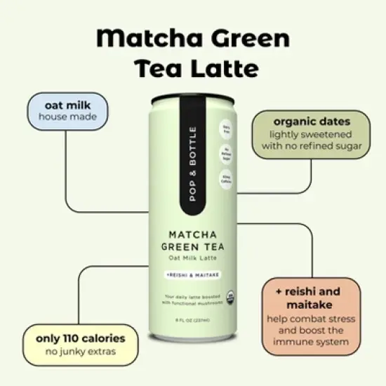 Pop & Bottle Matcha Green Tea Oat Milk Latte with functional boost from Reishi and Maitake - 8 fl oz Can image {6}