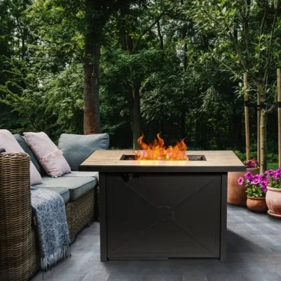 Outdoor Propane Ceramic Gas Rectangular Fire Pit Black/Stone - Teamson Home image {5}