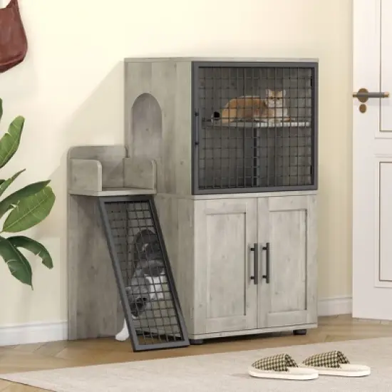 Modern Villa Litter Box Enclosure with Ladder, Double-Layer Cat House Furniture, 33.5" x 17.9" x 41.9" image {3}
