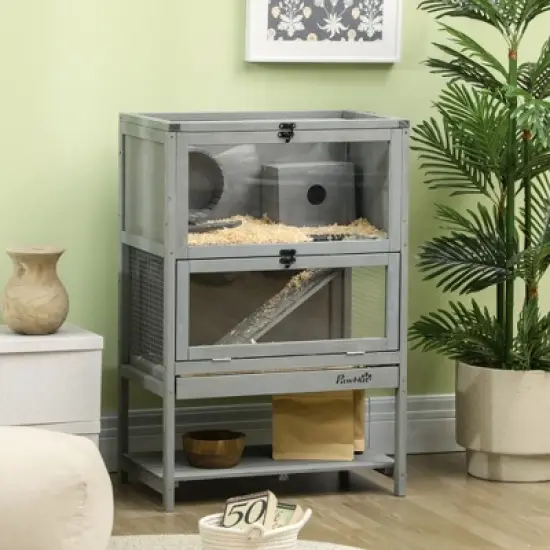 PawHut 35.5" Wooden Hamster Cage, Mice Rodent Small Animals Kit Hutch, w/ Storage Shelf, Sliding Tray, Seesaw, Running Wheel, Lockable Roof Grey image {1}