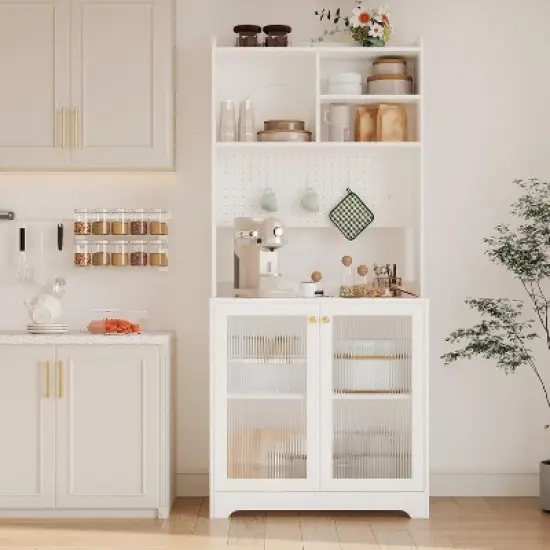 71" Kitchen Pantry Cabinet, Wooden Tall Sideboard Buffet Cabinet with Microwave Stand image {8}