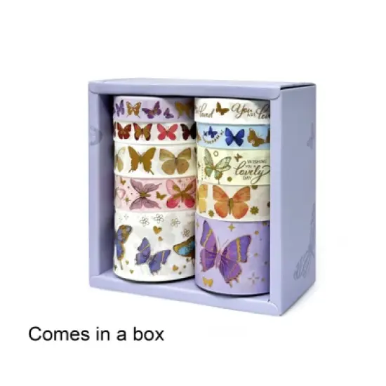 Wrapables Decorative Gold Foil Washi Tape Box Set for Arts & Crafts, Scrapbooking, Stationery, Diary (10 Rolls), Butterflies image {4}