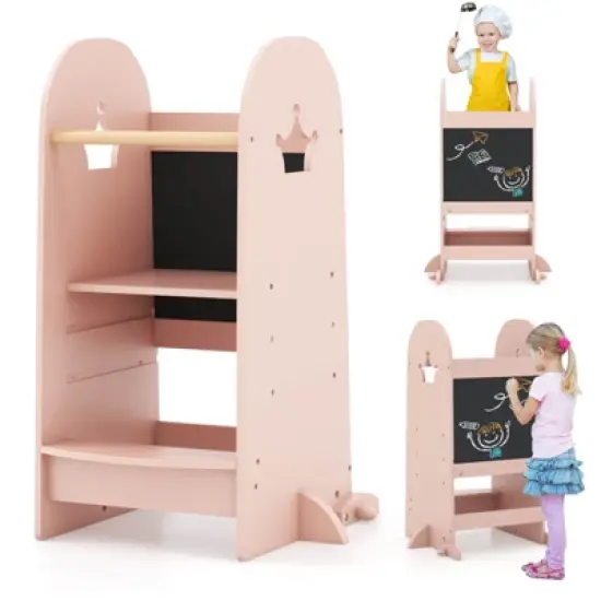 Costway Multi-purpose Kids Kitchen Tower Children Standing Tower Kids Stool Helper White/Pink image {10}