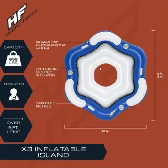 Bestway 43111E Hydro Force X3 Island 3 Person Inflatable Inner Tube Float with Built In Backrests, Open Floor, & Wrap Around Grab Rope, Blue and White image {2}