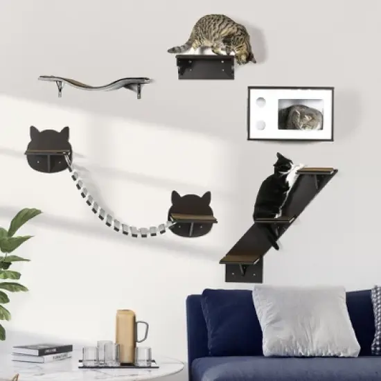 PawHut Unique Cat Tree Made From Cat Shelves with Cozy Cat House, Bridge, & More, Wall-Mounted Cat Tree Climbing Playground, Modern Cat Tree image {2}